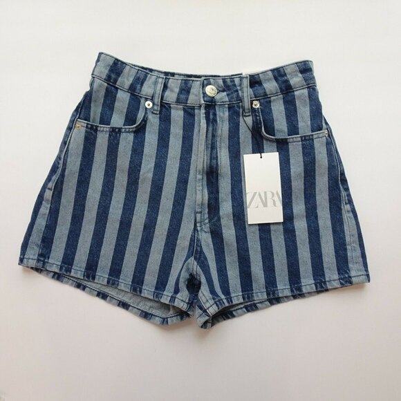 Zara Women's Striped Denim Jean Shorts High Rise Hi-Waist Blue Modern Chic NWT 6 - Picture 5 of 14